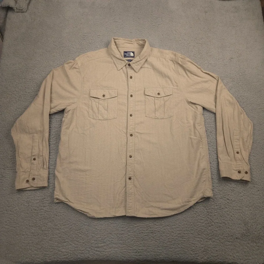 The North Face Button Down Shirt Mens XXL Tan Long Sleeve Cotton Hiking Outdoors